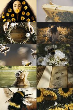 a collage of images with bees and flowers in them, including sunflowers