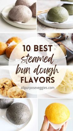 different types of doughnuts on plates with text overlay reading 10 best steamed bun doughnut flavors