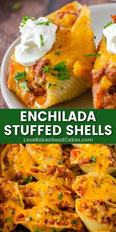 enchilada stuffed shells on a white plate with text overlay that reads, enchilada stuffed shells