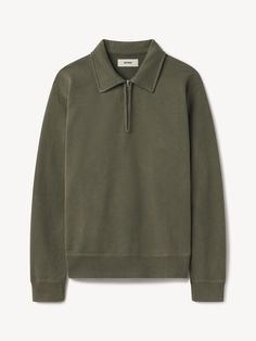 Sage Interloop Quarter Zip - Dense, mid-weight cotton French terry in a vintage fit inspired by mid-century sportswear. Quarter Zip Men, Buck Mason, Polo Long Sleeve, Cut Sweatshirts, Quarter Zip Sweater, Vintage Fits, Quarter Zip Sweatshirt, Raw Denim, Shoes With Jeans