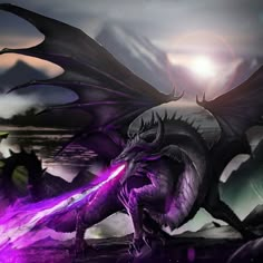 a purple dragon with its wings spread out