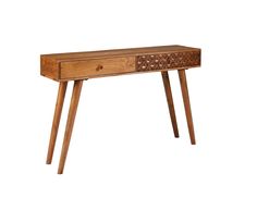 a wooden table with two legs and a drawer on the top that has an intricate design