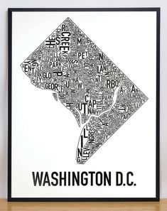 the washington d c map in black and white, with words written all over it