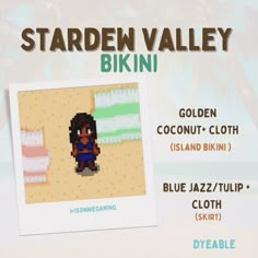 an advertisement for stardew valley bikinii, which features a woman on the beach