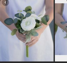 two pictures of the same person holding a white flower and greenery in their hands