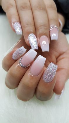 Ombre acrylic nails, coffin shape Christmas Nails Diy, Gel French Manicure, Pink Glitter Nails, Her Nails, Super Nails, Christmas Nails Acrylic, Thanksgiving Nails, White Nail