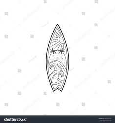 a surfboard with waves and birds in the sky on a white background line art