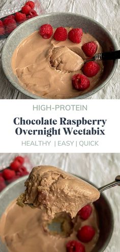 chocolate raspberry overnight weetabix in a metal bowl with spoons