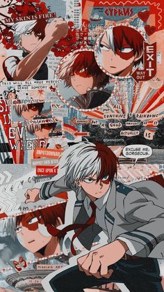 an anime character with red hair and white hair is surrounded by other characters in the background