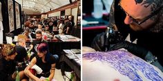 two pictures side by side with people getting tattoos