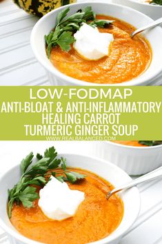 two white bowls filled with carrot soup and topped with sour cream, parsley on top