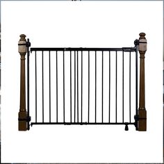 an iron gate with wooden posts and two lamps on each side, isolated against a white background