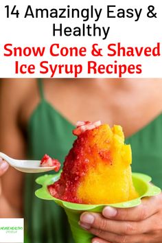 a woman holding a green bowl filled with ice cream and strawberry sauce on top of it