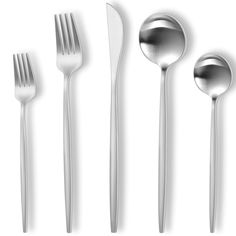 an assortment of silverware including forks, spoons and knives on a white background