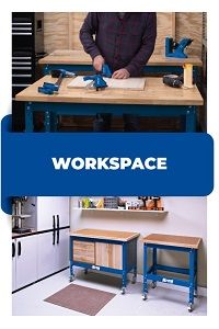 a man standing in front of a workbench with tools on it and the words workspace below him