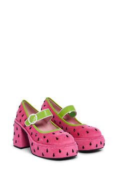 cuz they’re nature’s candy. These watermelon inspired Mary Janes have a fuzzy velour construction, platform soles, block heels, teardrop gemstones all over, a contrast colored trim, and an adjustable buckle closure. Watermelon Aesthetic, Bizarre Fashion, 3d Pokemon, Colored Trim, Dr Shoes, Funky Shoes, Sugar Thrillz, Funky Outfits, Platform Mary Janes