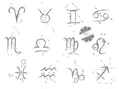 the zodiac signs and their meanings are drawn in black ink with red dots on white paper