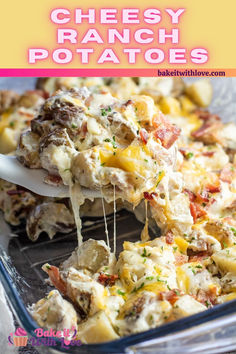 A generous portion of cheesy bacon ranch potatoes being spooned from a glass 9x13 baking dish with text header. Bow Pasta Recipes, Easy Potato Side Dishes, Cheesy Bacon Ranch Potatoes, Ranch Potatoes Baked, Ranch Potato Recipes, Potato Side Dishes Easy, Cheesy Ranch Potatoes, Sour Cream Potatoes, Bacon Ranch Potatoes