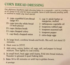 a recipe for corn bread is shown on a piece of paper