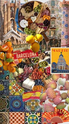 a collage of many different pictures including oranges, grapes and other food items