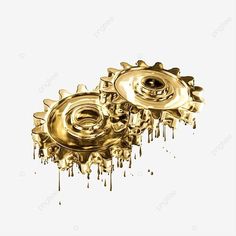 two golden gears with dripping paint on the bottom and one in the middle, against a white background