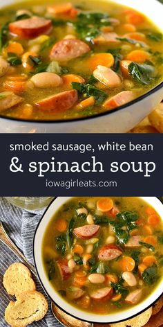 two bowls filled with sausage, white bean and spinach soup next to crackers