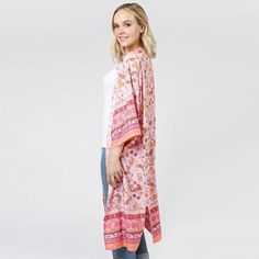 Size : One Size Material : 100% Polyester Spring Casual Shawl Kimono, Casual Shawl Kimono For Spring, Casual Spring Shawl Kimono, One Size Casual Poncho For Spring, Spring Pink One-size Kimono, One Size Pink Kimono For Spring, Spring Poncho With Kimono Sleeves, Spring Poncho With Kimono Sleeves, Oversized, Pink Long Summer Outerwear