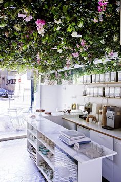 an image of a kitchen with flowers hanging from the ceiling and on the counter top