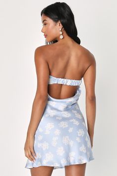 Prepare to make everyone blush with your ultra-charming look in the Lulus Sweet Status Light Blue Floral Satin Strapless Cutout Mini Dress! An adorable floral print adorns sleek satin as it shapes a foldover strapless neckline (with hidden no-slip strips) and a sleeveless, darted bodice. An elasticized strap sits atop a flirty open back cutout while the sweet A-line silhouette falls to a cute mini hem. Hidden side zipper/clasp. Fit: This garment fits true to size. Length: Mid-thigh. Size medium Light Blue Floral Dress, Floral Dresses For Women, Floral Strapless Dress, Cutout Mini Dress, Printed Gowns, Lulu Fashion, Strapless Neckline, Adhesive Bra, Jacquard Dress