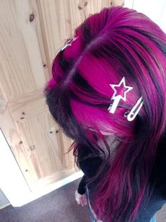 Red Purple Hair With Blonde Highlights, Highlighted Pink Hair, Black And Red Hair Stripes, Black And Raspberry Hair, Pink Hair Black Streaks, Pink And Black Dyed Hair, Pink Blue Black Hair, Black Purple Pink Hair, Pink Hair Black Highlights