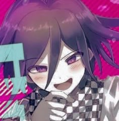 an anime character with purple hair and checkered shirt