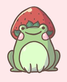 a green frog with a strawberry on its head sitting in front of a pink background