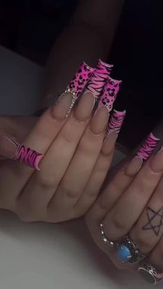 Pink Animal Print Nails, Pink Animal Print, Acrylic Toe Nails, Nails Design With Rhinestones, Y2k Nails, Print Nails, Animal Nails