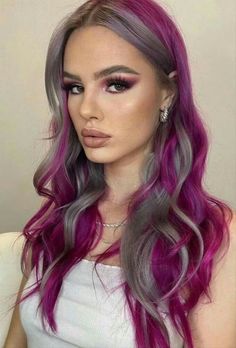 Magenta And Silver Hair, Fuschia And Purple Hair, Magenta Hair With Highlights, Purple Dimensional Hair, Unquie Hair Color, Purple Multicolor Hair, Pink Multicolor Hair, Dark Vivid Hair Color, Purple Hair With Money Piece