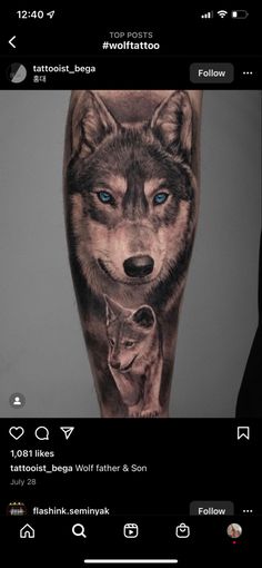 an image of a wolf and her cub tattoo on someone's leg with blue eyes