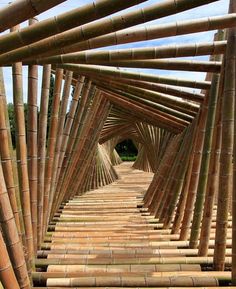 the inside of a bamboo structure that looks like it is made out of wood sticks