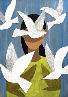 a painting of a woman surrounded by white birds in the air, with blue sky behind her