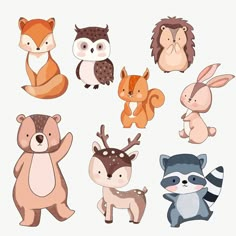 an assortment of cartoon animals on a white background, including foxes, raccoon, and deer