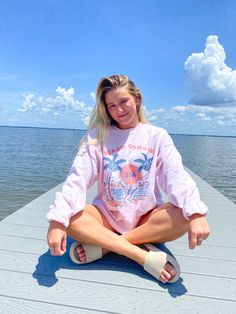 50% cotton, 50% polyester Size up for a more oversized fit! Pink Cotton Sweatshirt For The Beach, Pink Sweatshirt For Summer Vacation, Pink Summer Vacation Sweatshirt, Casual Pink Beach Sweatshirt, Summer Casual Sweatshirt For Loungewear, Pink Casual Sweatshirt For Summer, Casual Summer Loungewear Sweatshirt, Casual Pink Sweatshirt For Vacation, Comfortable Long Sleeve Beach Tops