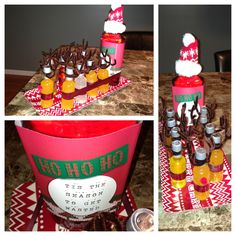 there are many bottles and cups on the table with santa's hat on top