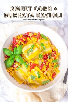 sweet corn and burrito salad in a white bowl on top of a marble counter