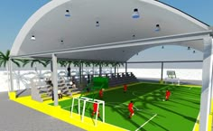 an artist's rendering of a soccer field in the middle of a building with people playing on it