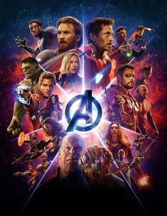 the avengers movie poster is shown in front of a blue background with many different characters