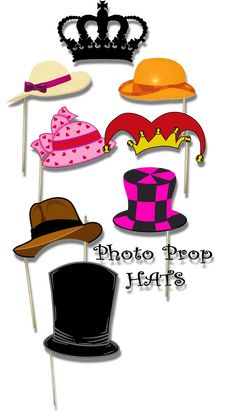 several hats on sticks with the words photo prop hearts written below them in black and white