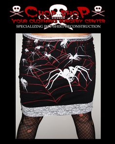 $15 - handmade diy skirt - gothic, heavy metal, halloween. Diy upcycled clothing, reconstructed clothing, diy halloween crafts, costumes etc, This awesome spider skull skirt has been recreated with 100% cotton fabric and elastic lace for a form fitting but comfortable light weight and cozy fit each time. Womens/Ladies size M/L. Buy this baby while she lasts, only one available, completely unique! Diy Upcycled Clothing, Diy Pencil Skirt, Toxic Design, T Shirt Reconstruction, Skull Skirt, Reconstructed Clothing, Spider Skull, Skull Spider, Clothes Upcycle