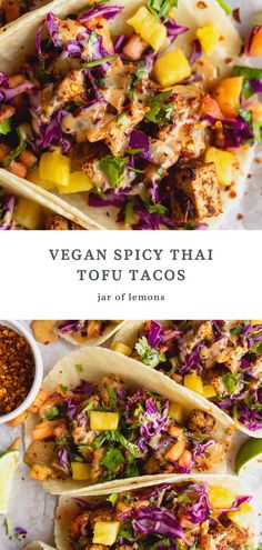 Two images of vegan tofu tacos. Pineapple Slaw, Thai Tofu, Tofu Tacos, Thai Spices, Vegan Tofu, Spicy Thai, Vegan Main Dishes, Tasty Vegetarian Recipes, Vegetarian Dinners