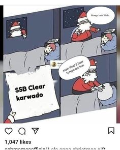 santa claus is on the phone with his head stuck in a sign that says ssb clear karwado