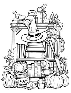 a black and white drawing of books, pumpkins, witches hat and other items