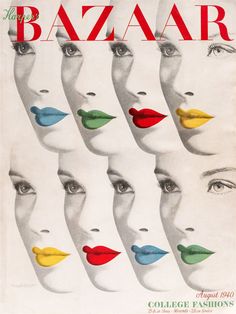 an advertisement for the bazzar magazine with many different colored lips and noses on it