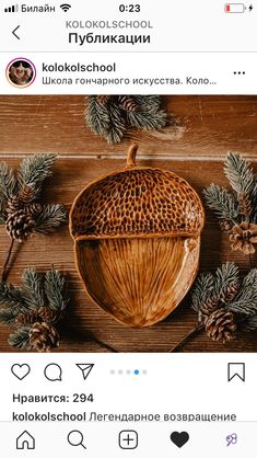 an instagram page with pine cones and firs on the wooden background, which is also in russian